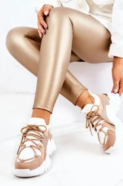 Sportowe Buty Sneakersy Skarpetkowe Beżowo-Białe Colleen