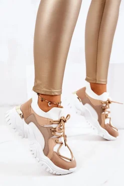 Sportowe Buty Sneakersy Skarpetkowe Beżowo-Białe Colleen