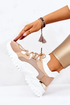Sportowe Buty Sneakersy Skarpetkowe Beżowo-Białe Colleen
