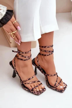 Stylowe Sandały Na Szpilce Z Paskami Panterka Brązowe Saredi
