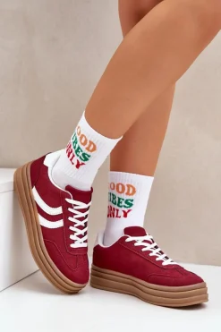 Stylowe Sneakersy Na Platformie Bordowe Doriwa