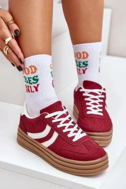 Stylowe Sneakersy Na Platformie Bordowe Doriwa