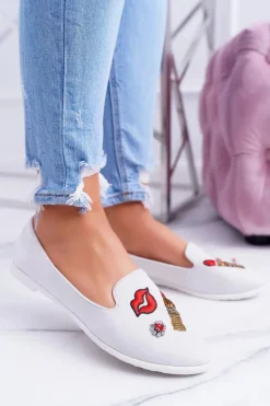 Szare Damskie Baleriny Naszywki Lipstick