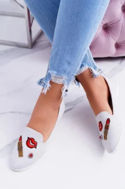 Szare Damskie Baleriny Naszywki Lipstick