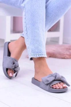 Szare Damskie Zamszowe Klapki z Kokardą Merbolo