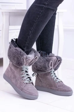 Szare Zamszowe Botki LU BOO Timberki z Futrem