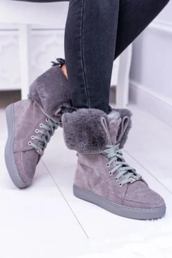 Szare Zamszowe Botki LU BOO Timberki z Futrem
