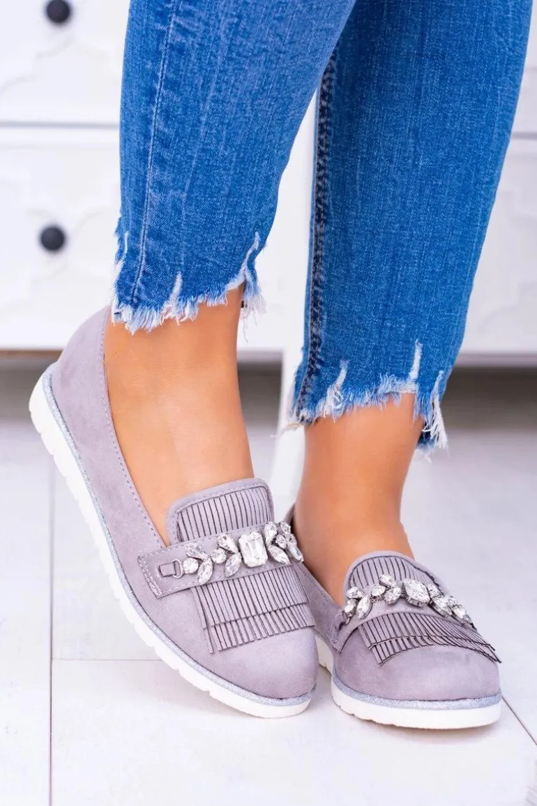 Szare Zamszowe Mokasyny z Kryształami Vivaro