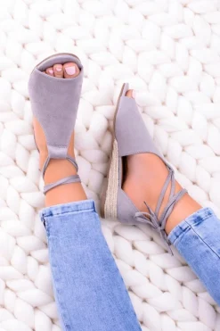 Szare Zamszowe Sandały na Lekkim koturnie Espanoso