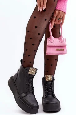 Sznurowane Botki Damskie Z Ozdobą Skórzane Czarne Nicole 2833