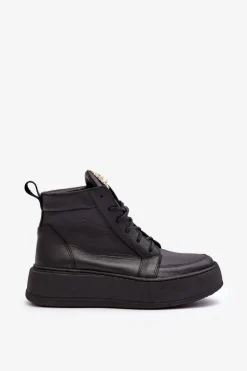 Sznurowane Botki Damskie Z Ozdobą Skórzane Czarne Nicole 2833