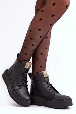 Sznurowane Botki Damskie Z Ozdobą Skórzane Czarne Nicole 2833