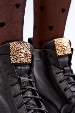 Sznurowane Botki Damskie Z Ozdobą Skórzane Czarne Nicole 2833