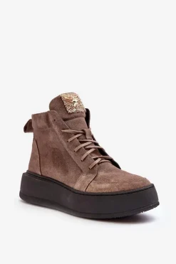 Sznurowane Botki Damskie Z Ozdobą Skórzane Ciemnobeżowe Nicole 2833