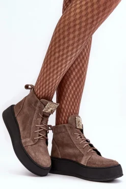 Sznurowane Botki Damskie Z Ozdobą Skórzane Ciemnobeżowe Nicole 2833