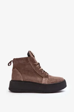 Sznurowane Botki Damskie Z Ozdobą Skórzane Ciemnobeżowe Nicole 2833