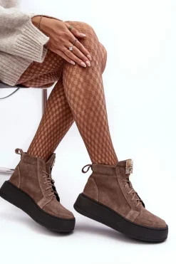 Sznurowane Botki Damskie Z Ozdobą Skórzane Ciemnobeżowe Nicole 2833