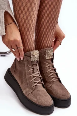 Sznurowane Botki Damskie Z Ozdobą Skórzane Ciemnobeżowe Nicole 2833