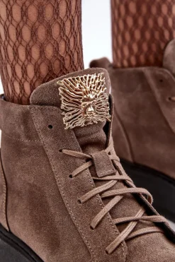 Sznurowane Botki Damskie Z Ozdobą Skórzane Ciemnobeżowe Nicole 2833