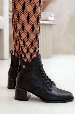 Sznurowane Botki Damskie Na Obcasie Ze Skóry Naturalnej Ocieplane Czarne Vinceza 91110