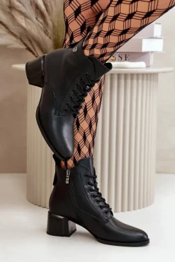 Sznurowane Botki Damskie Na Obcasie Ze Skóry Naturalnej Ocieplane Czarne Vinceza 91110