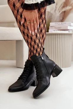 Sznurowane Botki Damskie Na Obcasie Ze Skóry Naturalnej Ocieplane Czarne Vinceza 91110