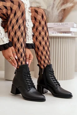 Sznurowane Botki Damskie Na Obcasie Ze Skóry Naturalnej Ocieplane Czarne Vinceza 91110