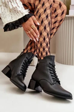 Sznurowane Botki Damskie Na Obcasie Ze Skóry Naturalnej Ocieplane Czarne Vinceza 91110