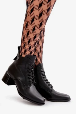 Sznurowane Botki Damskie Na Obcasie Ze Skóry Naturalnej Ocieplane Czarne Vinceza 91110