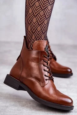 Sznurowane Botki Na Płaskim Obcasie Karmelowe Grete