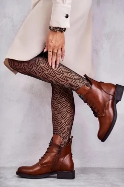 Sznurowane Botki Na Płaskim Obcasie Karmelowe Grete