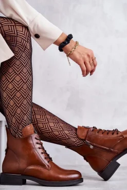 Sznurowane Botki Na Płaskim Obcasie Karmelowe Grete