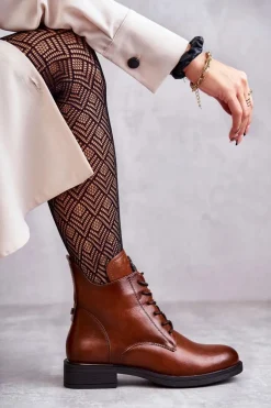 Sznurowane Botki Na Płaskim Obcasie Karmelowe Grete