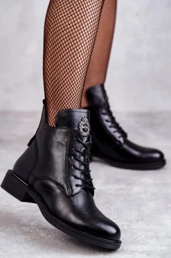 Sznurowane Botki Na Płaskim Obcasie Czarne Grete