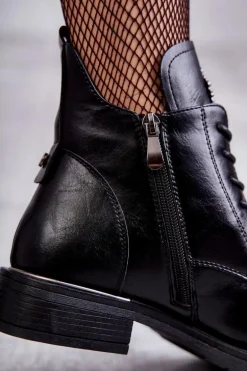 Sznurowane Botki Na Płaskim Obcasie Czarne Grete