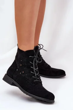Sznurowane Botki Z Ażurowym Wzorem S.Barski HY51-136 Czarne