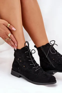 Sznurowane Botki Z Ażurowym Wzorem S.Barski HY51-136 Czarne