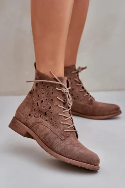 Sznurowane Botki Z Ażurowym Wzorem S.Barski HY51-136 Brązowe