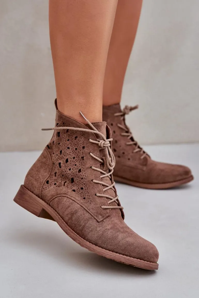 Sznurowane Botki Z Ażurowym Wzorem S.Barski HY51-136 Brązowe
