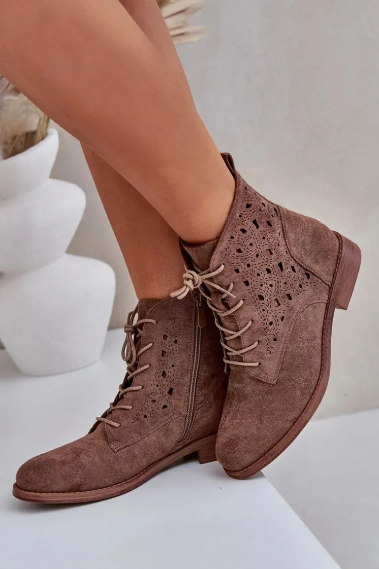 Sznurowane Botki Z Ażurowym Wzorem S.Barski HY51-136 Brązowe