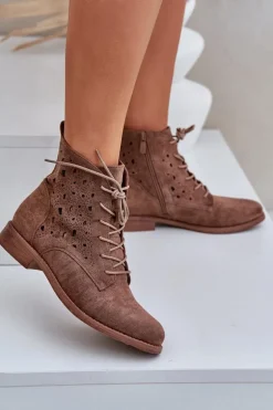 Sznurowane Botki Z Ażurowym Wzorem S.Barski HY51-136 Brązowe