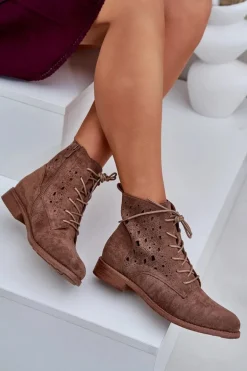 Sznurowane Botki Z Ażurowym Wzorem S.Barski HY51-136 Brązowe