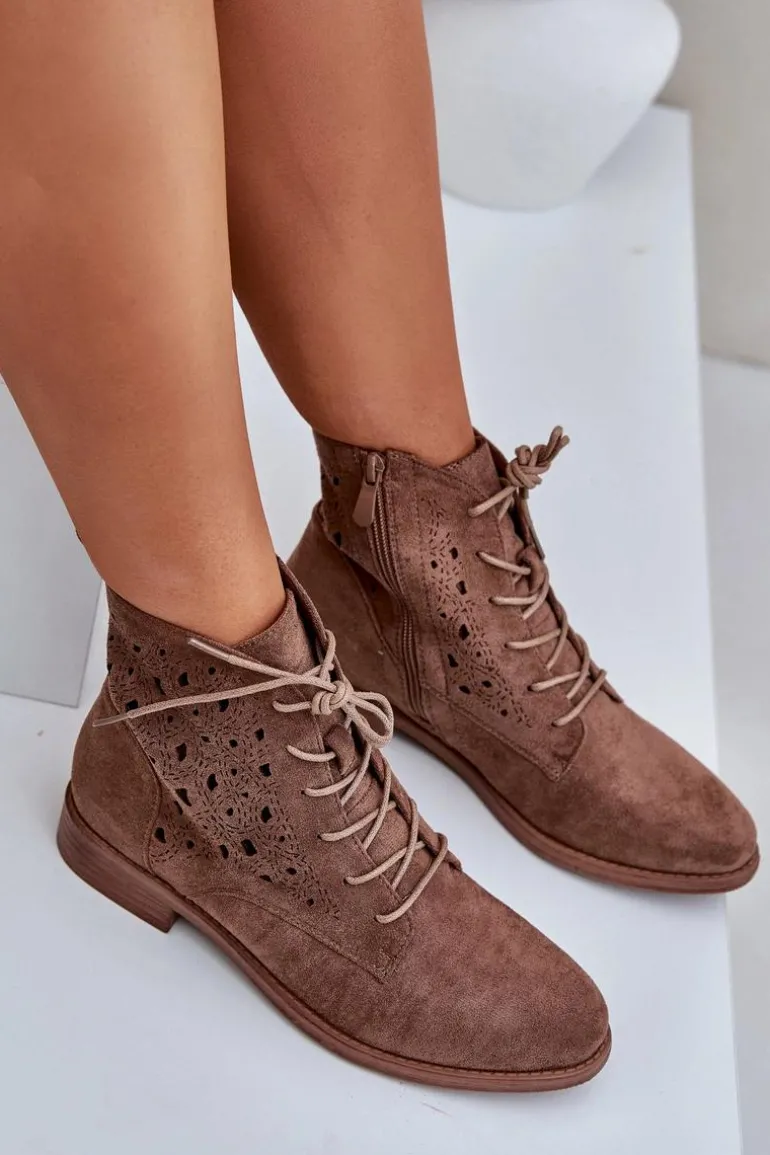 Sznurowane Botki Z Ażurowym Wzorem S.Barski HY51-136 Brązowe
