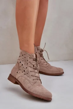 Sznurowane Botki Z Ażurowym Wzorem S.Barski HY51-136 Beżowe