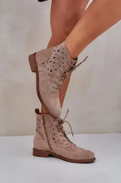 Sznurowane Botki Z Ażurowym Wzorem S.Barski HY51-136 Beżowe