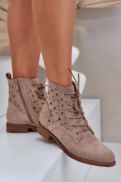 Sznurowane Botki Z Ażurowym Wzorem S.Barski HY51-136 Beżowe