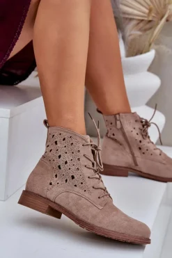 Sznurowane Botki Z Ażurowym Wzorem S.Barski HY51-136 Beżowe