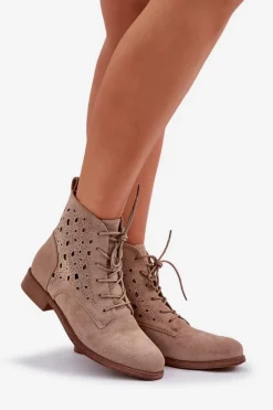 Sznurowane Botki Z Ażurowym Wzorem S.Barski HY51-136 Beżowe