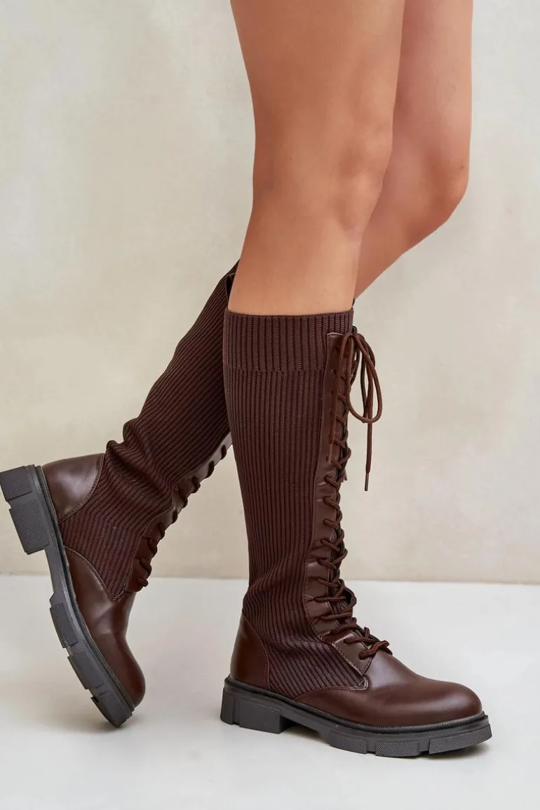 Sznurowane Kozaki Z Elastyczną Cholewką Brązowe Vamilena