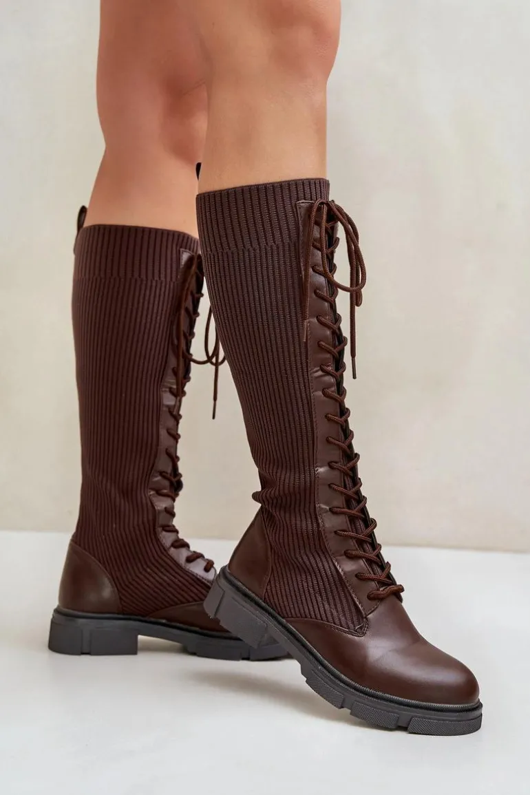 Sznurowane Kozaki Z Elastyczną Cholewką Brązowe Vamilena